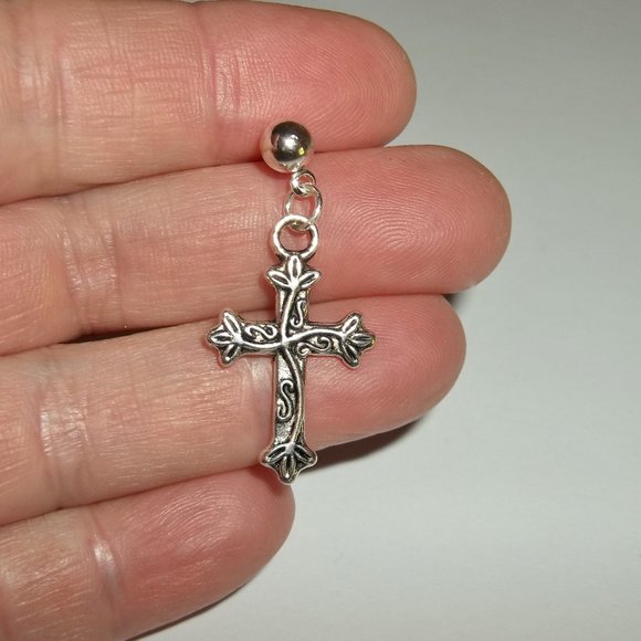 One Silver Cross Earring Men's Jewelry Unisex Style Minimalist Simple NWT 5325 - Picture 5 of 9